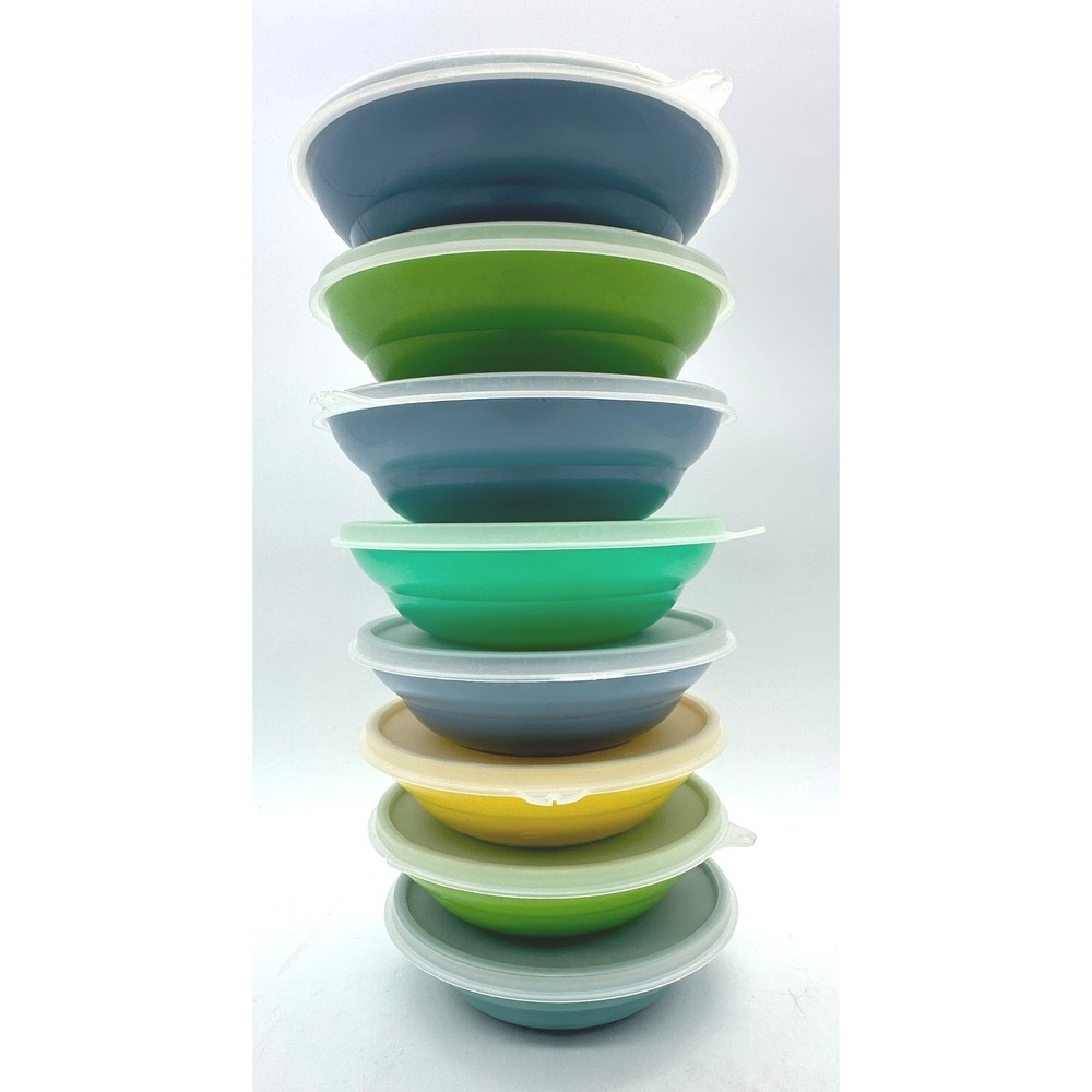 Tupperware Set 8 Cereal Bowls with Lids Multi-Color Plastic Stackable Vintage